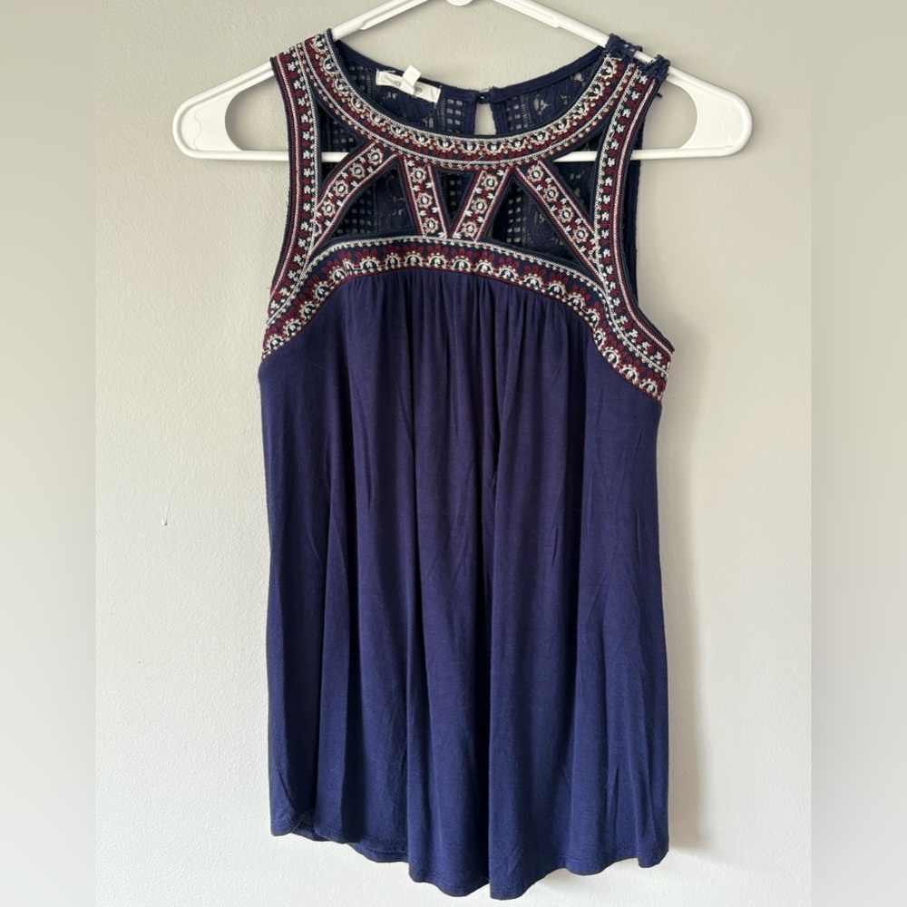 Embroidered Navy Sleeveless Top